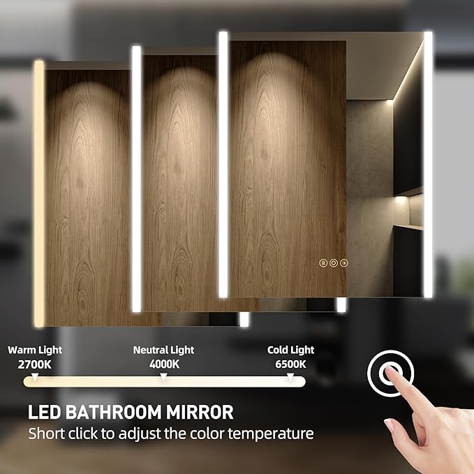 Medicine Cabinet with LED Lights and Mirror, 24 x 30 Inch Surface or Recessed Mounted Bathroom Cabinets with Door, Defogger, Memory Function, 3-Color Mode, Outlet&USB, Dimmer, Storage Shelf