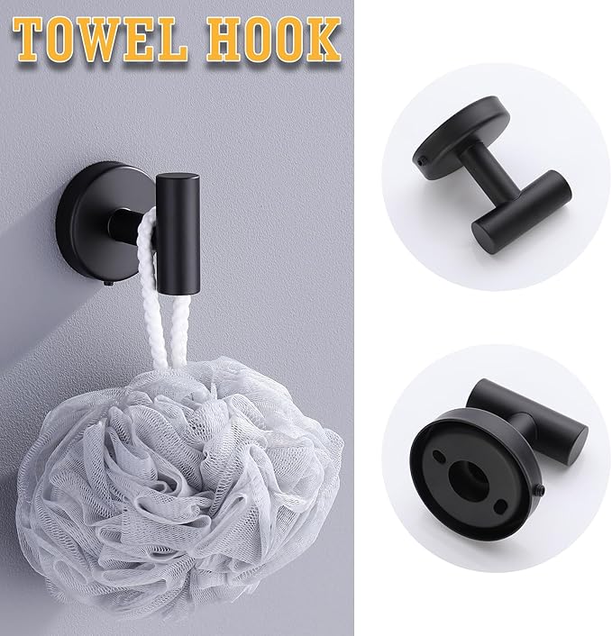 Bathroom Hardware Set 5 Piece, Matte Black Towel Bar Set, 24 Inch 304 Stainless Steel Bathroom Towel Holder Set for Modern Bathroom, Heavy-Duty & Rust-Resistant Bathroom Storage Solution (Matte Black)