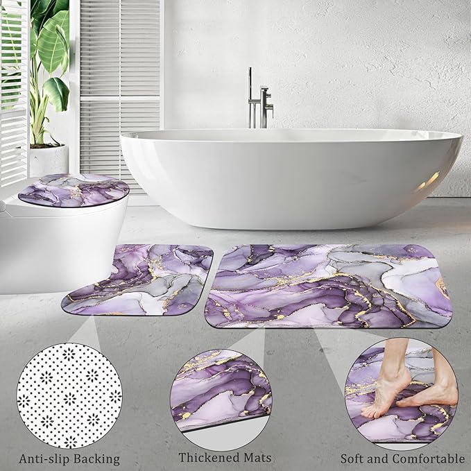 4PCS Purple Gold Marble Bathroom Sets with Shower Curtain and Rugs, Abstract Gold Shower Curtain Sets with Rugs, Modern Bathroom Curtains Shower Set with Toilet Lid Cover