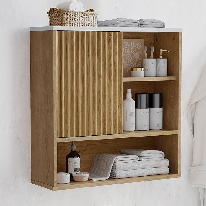 Bathroom Cabinet Wall Mounted Fluted, Modern Medicine Cabinet Over The Toilet Storage Cabinet Faux Marble Top with Adjustable Shelf, Wood Wall Mounted Storage Cabinet Organizer(Oak, Medium)