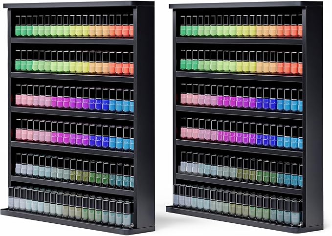 Kikihouse Wood Nail Polish Rack 2 Packs, Wall Mount Nail Polish Organizer, 6 Layers Nail Salon Storage Display Shelves Perfume Essential Oil Bottles Holder w/Acrylic Baffle, Black