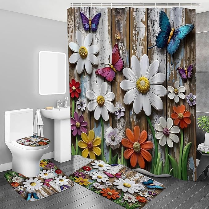 ZLQQ 4Pcs Daisy Butterfly Shower Curtain Sets with Rugs Garden Bathroom Set with Non-Slip Rugs Toilet Lid Cover and Bath Mat Vintage Shower Curtain with 12 Hooks, Durable Bathroom Decor Set
