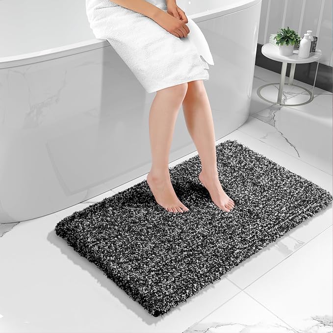 Yimobra Black and White Bathroom Rugs, Luxury Fluffy Bath Mats, Non Slip, Water Absorbent Microfiber, Machine Washable, Plush Runner Carpet Shower Rugs, Thick Matts for Bathroom Floor&Tub, 44"x 24"