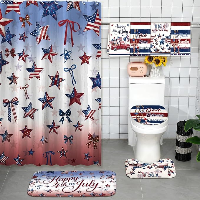 FuWeave 8 Pcs 4th of July Shower Curtain Set for Patriotic Bathroom Decor Include Red White and Blue American Flag Star Pattern Shower Curtain Towel Non Slip Rug Toilet Lid Cover Bath Mat and 12 Hooks