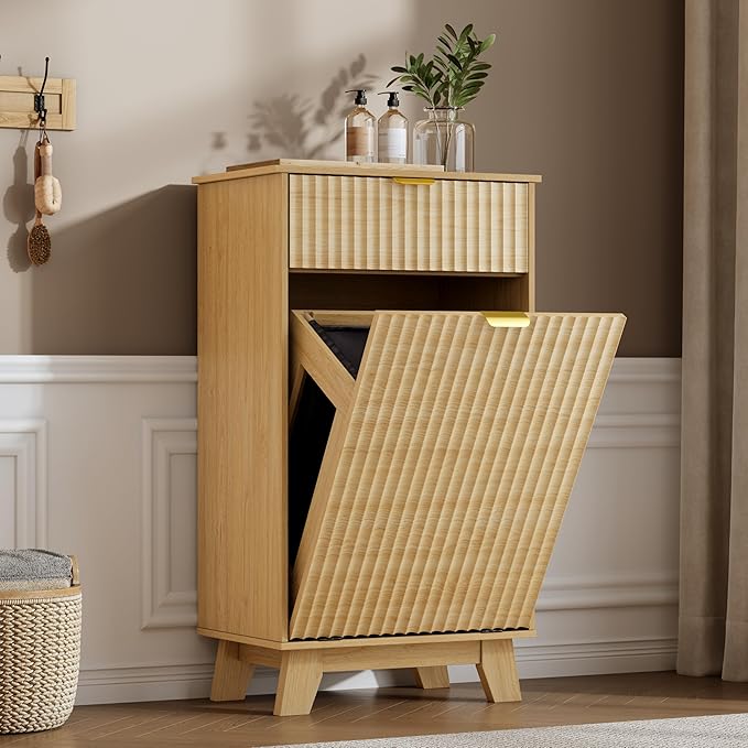 Double Tilt Out Laundry Hamper Cabinet, 20 Gallon Wooden Trash Can Cabinet with Storage Drawers, Hidden Fluted Garbage Can Holder for Kitchen, Living Room (Natural Wood, 20.47"W x 35.83"H x 13"D)