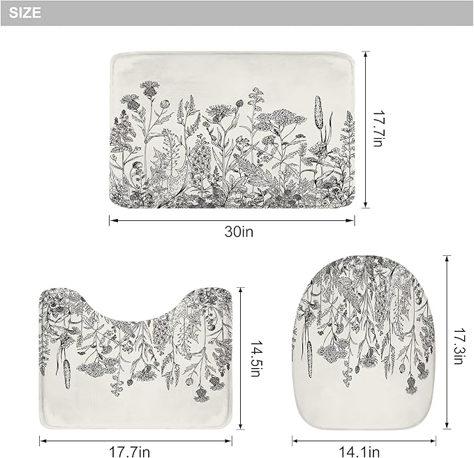 Riyidecor Black Grey Floral Wildflower 4Pcs Bathroom Shower Curtain Sets Botanical Rustic Leaves Bathroom Decor Set with Rugs and Accessories Vintage Toilet Lid Rug, Contour and Bath Mat with 12 Hooks