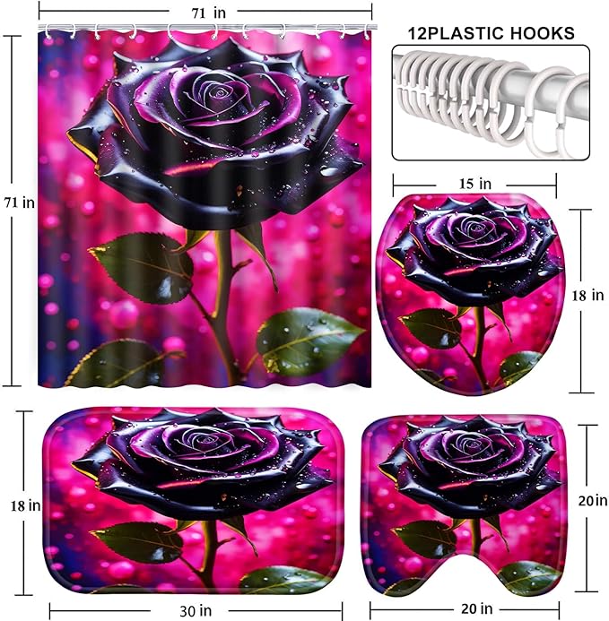 Poedist 4 Pcs Bathroom Shower Curtain Set,Bathroom Set, Rose Shower Curtain Sets with Rugs(Bath Mat,U Shape and Toilet Lid Cover Mat) and 12 Hooks