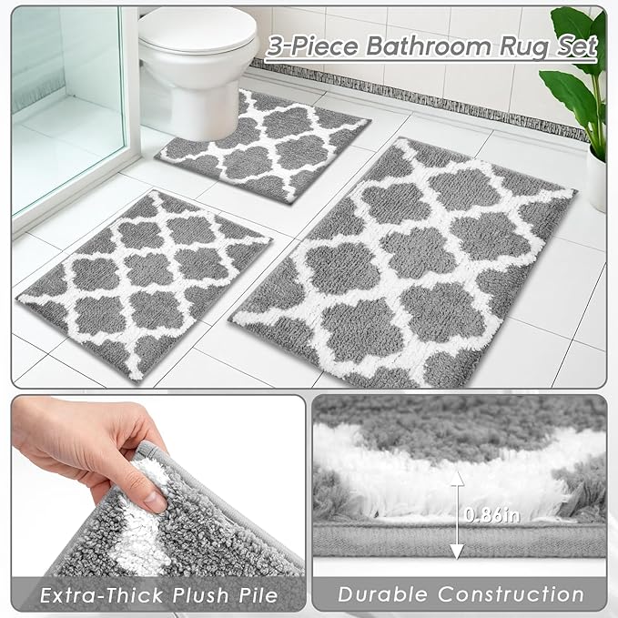 Britimes Grey Geometric Bathroom Sets with Shower Curtain and Rugs, Minimalist Ombre Modern Vintage Waterproof Shower Curtain Liner and Soft Non Slip Bath Mat for Bathroom Decor and Accessories Hooks