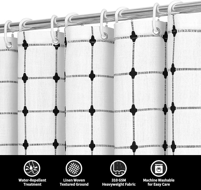 MitoVilla White Black Boho Shower Curtains for Modern Farmhouse Bathroom Decor, Ivory Country Thick Polyester Linen Fabric Cloth with Tassel, 72 x 72