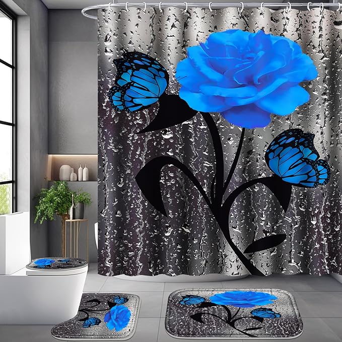 Poedist 4 Pcs Bathroom Set,Blue Rose Shower Curtain Sets, Floral Shower Curtain Sets with Rugs(Bath Mat,U Shape and Toilet Lid Cover Mat) and 12 Hooks