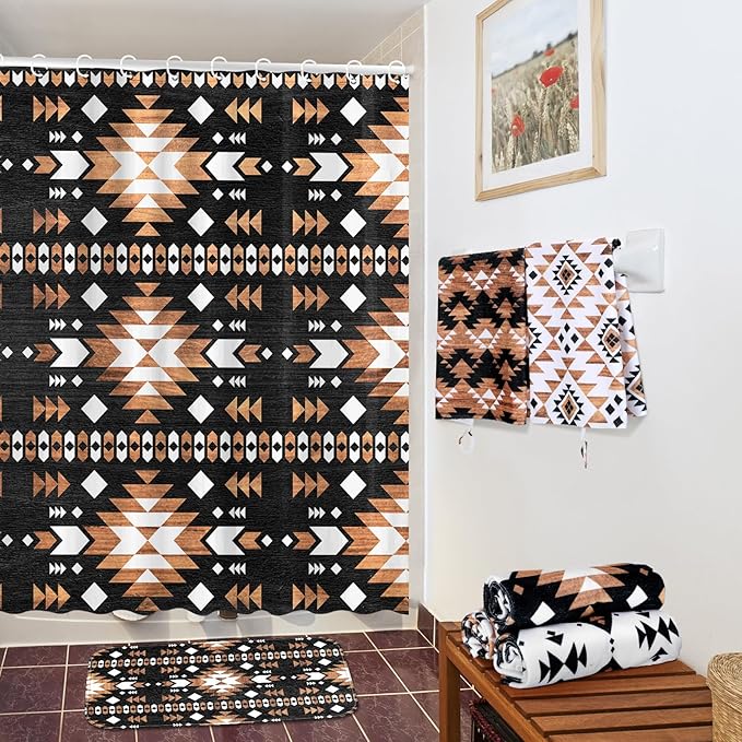 FuWeave 8 Pcs Western Aztec Shower Curtain Set Geometric Vintage Bathroom Decor Boho Abstract Pattern Waterproof Shower Curtain Aztec Towels Non Slip Rug Toilet Lid Cover Bath Mat with 12 Hooks