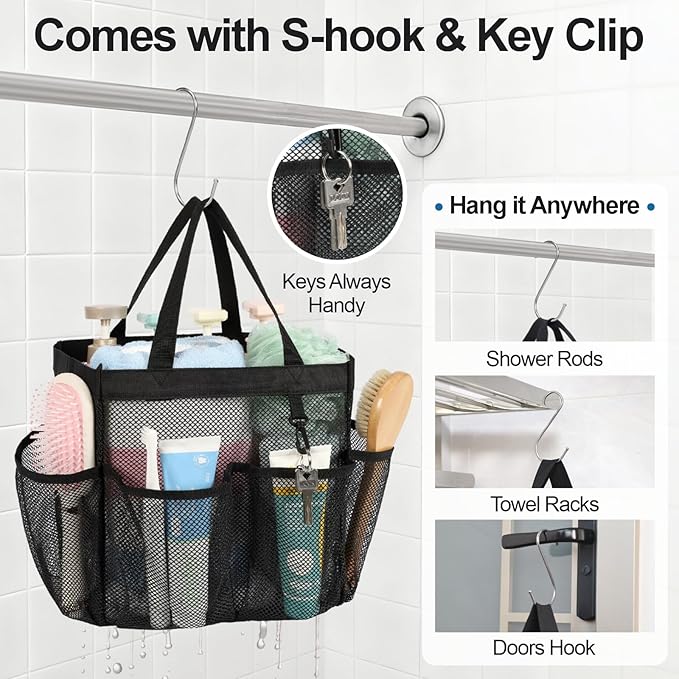 F-color Mesh Shower Caddy Portable for College Dorm Room Essentials with S Hook, 8 Pockets 2 Handles Quick Dry Shower Bag for Camping, Travel, Gym, Bathroom, Hanging Toiletry Organizer, Black