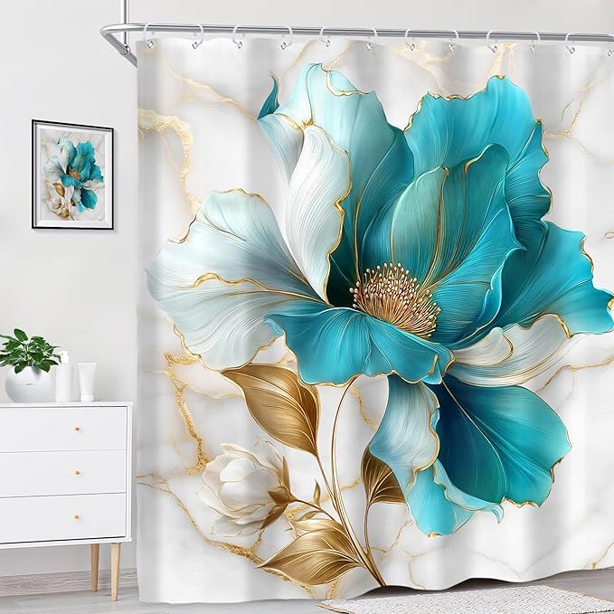 Riyidecor Teal Gold Marble Floral Shower Curtain for Bathroom Decor 72Wx84H Extra Long Abstract Modern Fashion Flower Luxury Modern Art Printed Fabric Polyester Waterproof 12 Pack Plastic Hooks