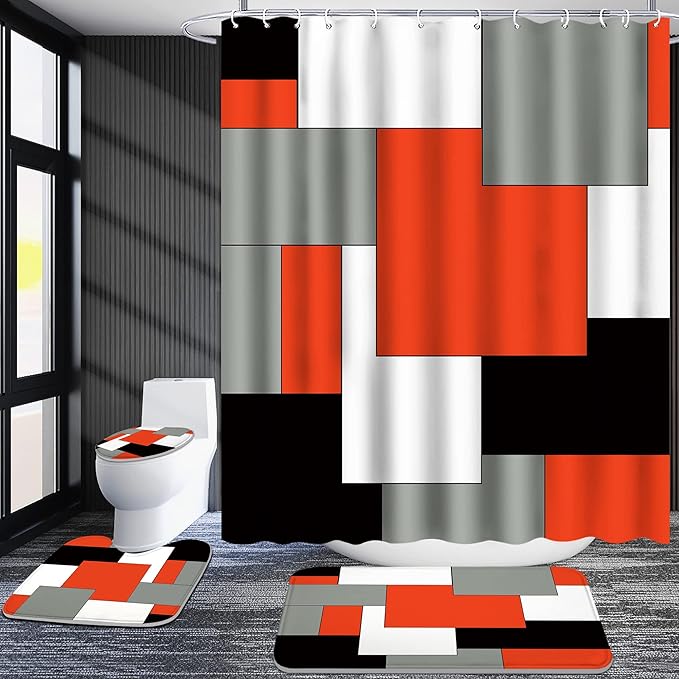 Poedist 4 Pcs Bathroom Decor Shower Curtain Set with Rugs and Accessories,Red and Black Geometric Squares Shower Curtain Sets Include Bath Mat,U Shape and Toilet Lid Cover Mat,with 12 Durable Hooks