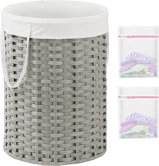 SETVSON Laundry Basket Round Rattan Laundry Hamper 29.1 Gal(110 L) Handwoven Large Wicker Basket with Handles, Wicker Hamper with Removable Bags and 2 Mesh Bags for Bathroom Living Room Gray(No Lid)