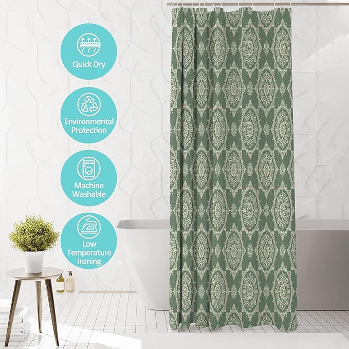 Boho Green Sage Shower Curtains for Bathroom,Funny Bohemian Mandala Shower Curtain,Aesthetic Waterproof Polyester Boho Bathroom Decor,72x72 Inch