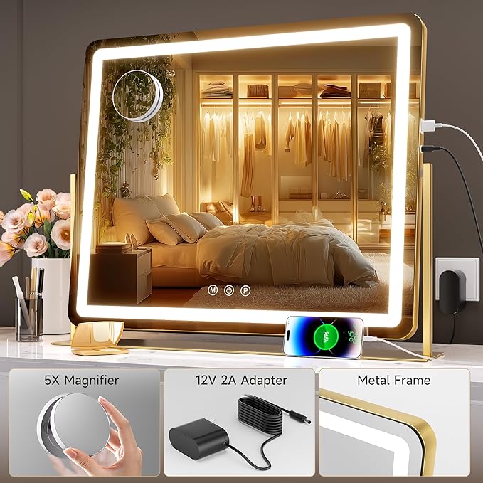 Hasipu Extra Large LED Vanity Mirror 25" x21” - Makeup Mirror with 10X Magnification, Phone Holder, USB Charging & Smart Touch 3-Color Lighting (Gold)