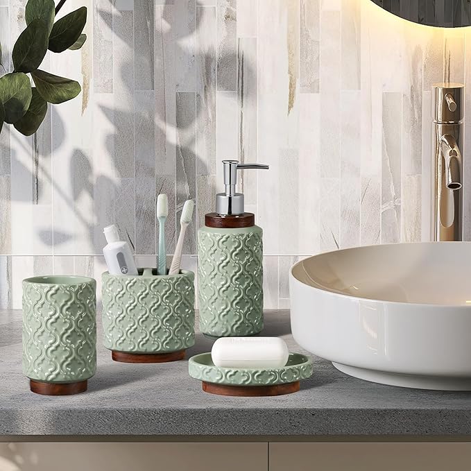 RQYIXI Elegant 4 PCS Ceramic&Wood Bathroom Accessories Set:Soap Dispenser,Toothbrush Holder,Tumbler,Soap Dish,Easy to Clean,Quatrefoil Pattern,Green-Affordable Luxury for Home Decor Enthusiasts