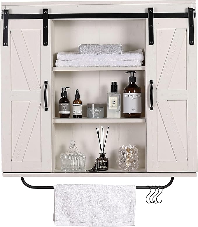 RUSTOWN Rustic Wood Wall Storage Cabinet with Two Sliding Barn Door, 3-Tier Decorative Farmhouse Vintage Cabinet for Kitchen Dining, Bathroom, Living Room, Vintage White