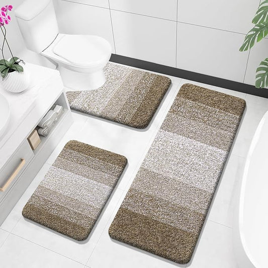 OLANLY Bathroom Rugs Sets 3 Piece, Soft Absorbent Microfiber Bath Mats and U-Shaped Contour Toilet Rug, Plush Shaggy Bath Mat Set for Bathroom (47"x20"+24"x16"+24"x20", Coffe)