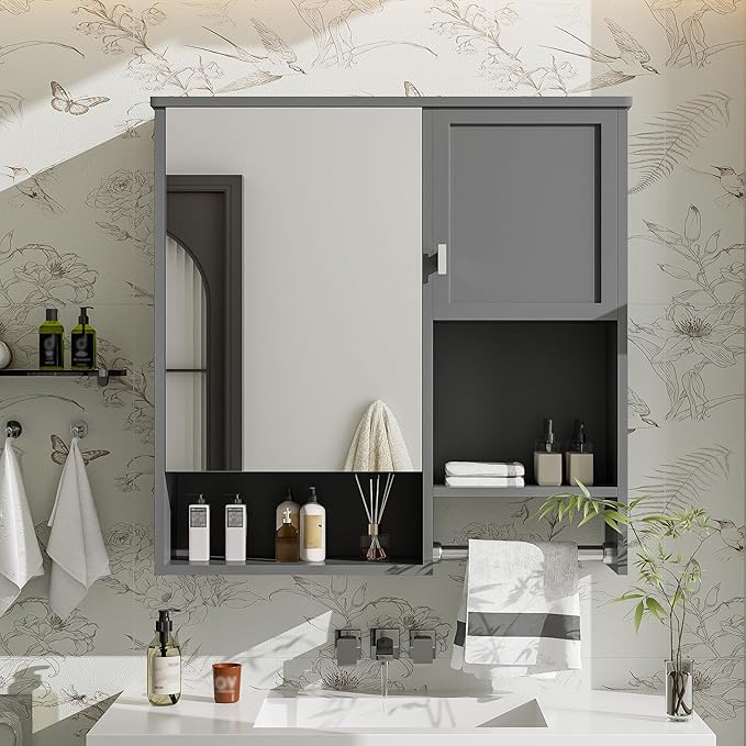 Merax Medicine Cabinet for Bathroom, Wall Mount Bathroom Cabinet with Mirror, Open Shelf, and Towel Bar, 29.5" W x 28.7" H Over The Toilet Mirrored Bath Wall Cabinet
