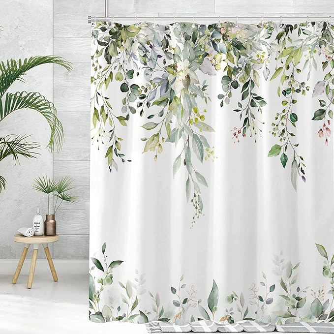 kampdream Eucalyptus Plant Rustic Shower Curtain, Watercolor Leaves On The Top Country Farm House Shower Curtain, Spring Botanical Bathroom Curtain 72 ×78 Inch
