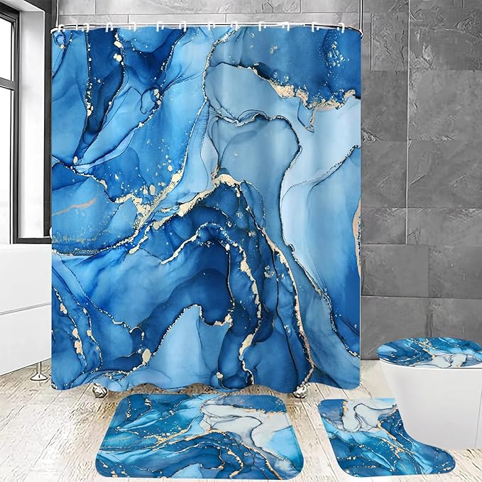 NBVKO 4 Pcs Blue Marble Shower Curtain Sets with Rugs Gold Bathroom Sets with Shower Curtain and Rugs Modern Abstract Bathroom Decor Accessories Shower Curtains for Bathroom Toilet Lid Cover