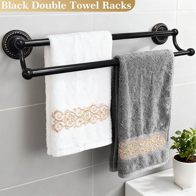 Brass Double Towel Bar, Adjustable Antique Black Towel Racks for Bathroom Wall Mounted Fits 14-25.4 Inch Centers, Heavy Duty Rustproof Bathroom Towel Rod Holder for Kitchen, Laundry Room, Hotel