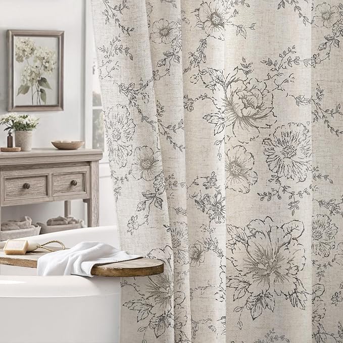 Farmhouse Floral Linen Shower Curtain, Vintage Grey Pattern Rustic Shower Curtains for Bathroom, Tan Taupe,Gray,72x84