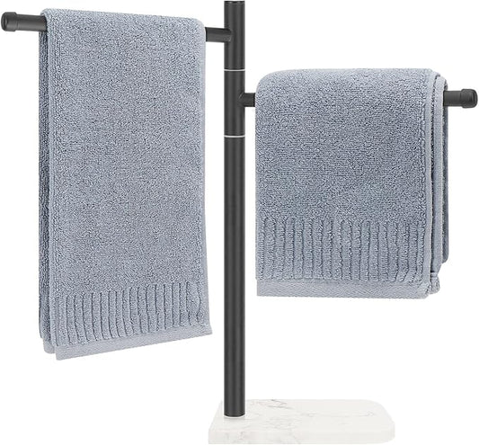 Standing Hand Towel Holder, Hand Towel Stand with Marble Base, 304 Stainless Steel Towel Rack with 2 Swivel Arm, Countertop Stand Towel Ring Towel Bar for Bathroom (Matte Black)