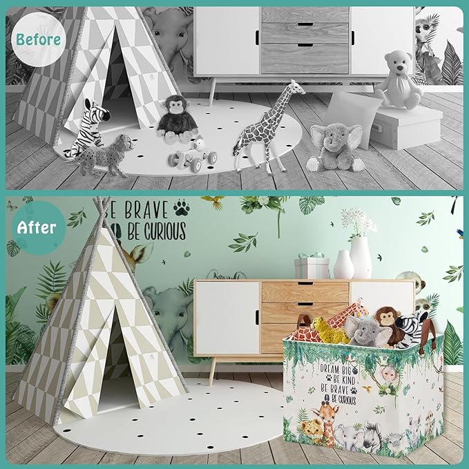 Jungle Nursery Decor Basket 36L Woodland Forest Animal Baby Gift Basket Safari Giraffe Lion Elephant Nursery Hamper Kid Monkey Rhino Storage Toy Bin Hippo Meerkat Clothes Book Toy Organizer Box