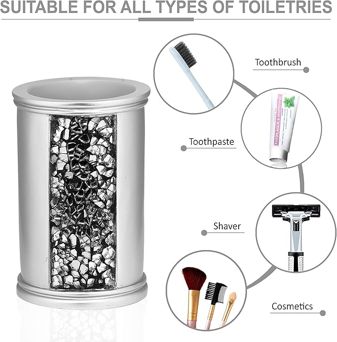 Zahari Home 4pc Sinatra Stylish Bathroom Accessories Set Liquid Soap Dispenser, Tumbler, Tooth Brush Holder and Soap Dish Modern Classic Luxury Decor Bling Mosaic Glass Silver Bathroom Accessories