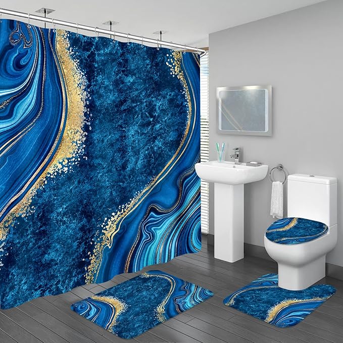 4PCS Blue Gold Marble Bathroom Sets with Shower Curtain and Rugs, Abstract Shower Curtain Sets with Rugs, Modern Bathroom Curtains Shower Set with Toilet Lid Cover Accessories