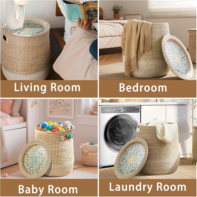 Laundry Hamper(2 Pices) with Lid Handles 14.96Gal & 7.43Gal Seagrass Laundry Hamper Round Decorative Basket Handwoven Rattan Storage Basket with Removable Liner for LivingRoom Bedroom Bathroom