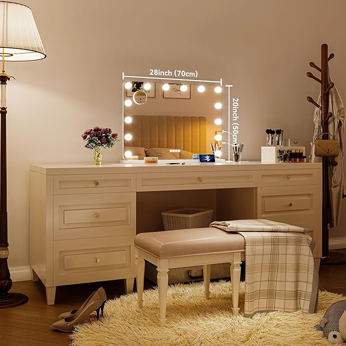 Hasipu LED Makeup Mirror with Bluetooth Speaker, 28" x 20" Makeup Mirror with Lights and Magnification, Hollywood Mirror with 3 Color Modes, LED Make up Mirror with USB & Type-C Charging