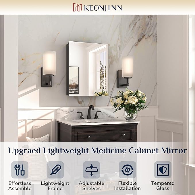 Keonjinn Black Medicine Cabinet 14 x 18 Inch, Assembly Needed, Bathroom Mirrored Medicine Cabinet, Lightweight, Freely Adjustable Shelves, Recessed or Wall Mount, Tempered Glass
