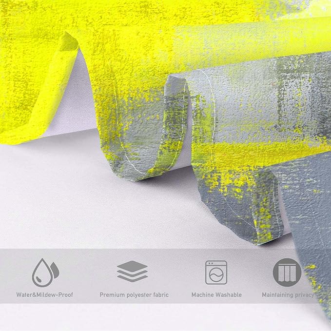 Lnond 4Pcs Yllow Bathroom Shower Curtain Sets with Rugs, Yellow Grey Abstract Painting Bathroom Sets with Shower Curtain and Rugs and Accessories
