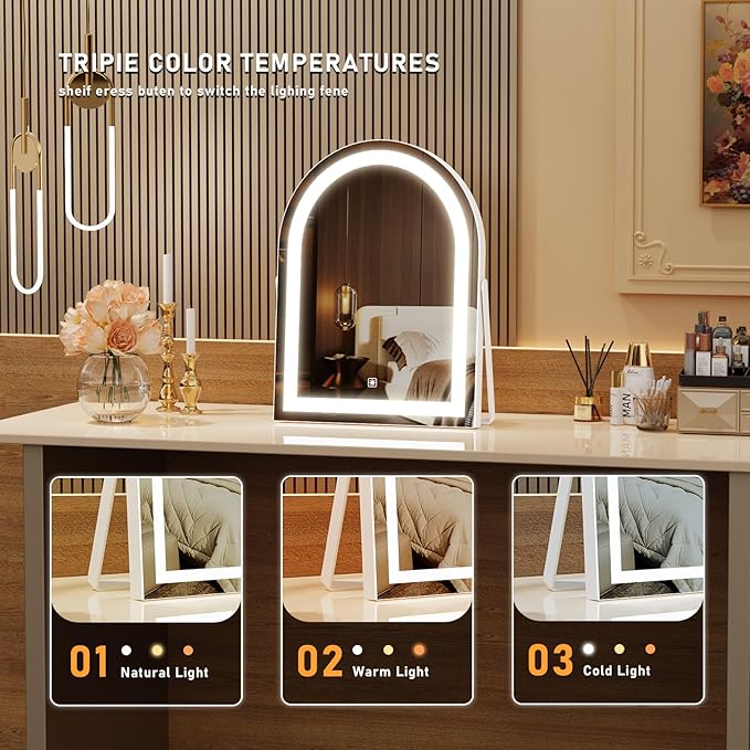 Gvnkvn 14" Elegant LED Vanity Mirror with 3-Color Adjustable Lights, Lighted Makeup Mirror 360° Rotating Stand & Touch Control - Perfect Makeup Gift for Women