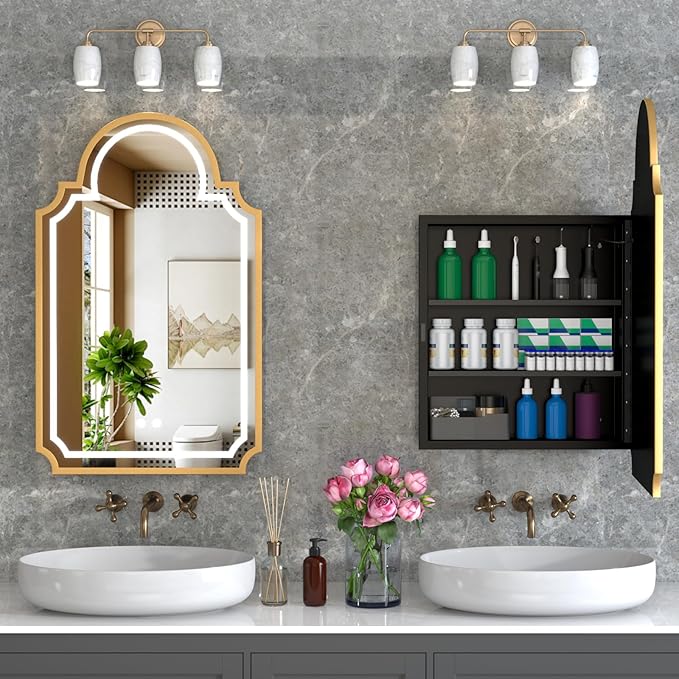20"x32" LED Medicine Cabinet with Mirror, Recessed or Surface Mount Medicine Cabinets for Bathroom, Full Metal, Decorative Art Arched Mirror with Storage, 2 Shelves and 1 Organizer Box, Bling Gold