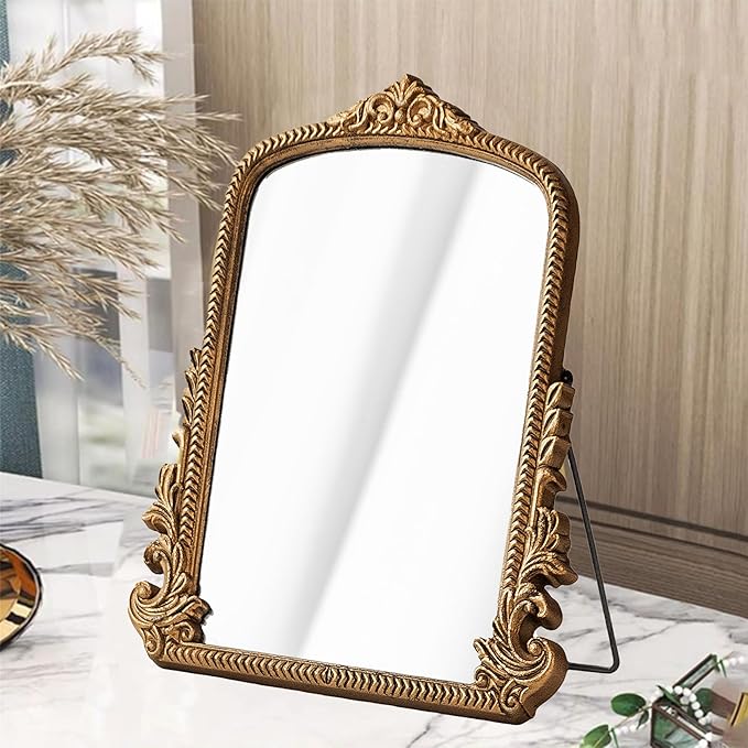 TenFuju Small Gold Vintage Vanity Mirror, Antique Gold Wooden Framed Standing Tabletop Mirror, Traditional Chic Arch Makeup Mirror for Living Room, Bedroom, Bathroom, or Office Decor, 11.8" x 9.6"