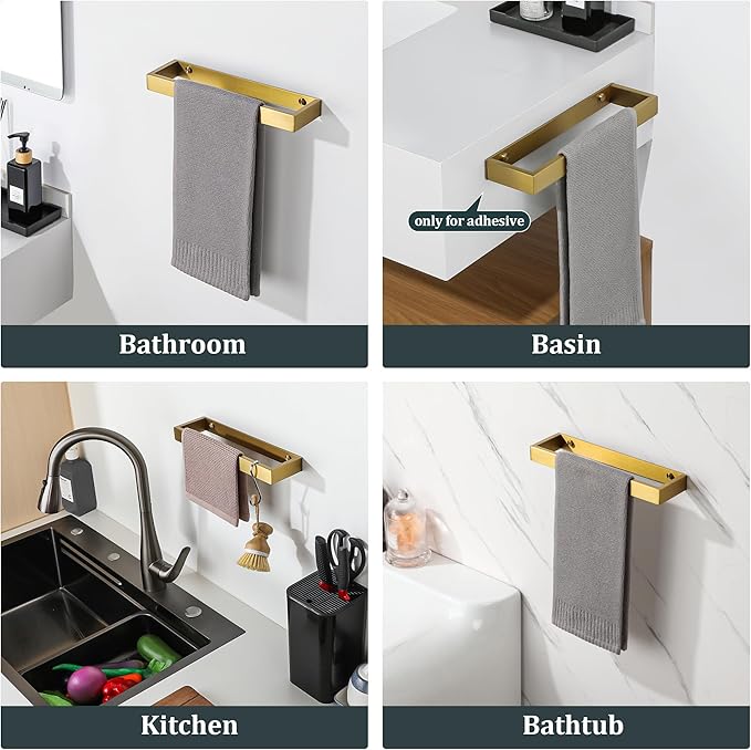 Sayayo Brushed Gold Towel Bar for Bathroom, 12 Inch Hand Towel Holder Wall Mount, Screw or Self Adhesive Towel Ring Square SUS304 Stainless Steel, 3.2 Inch Wide