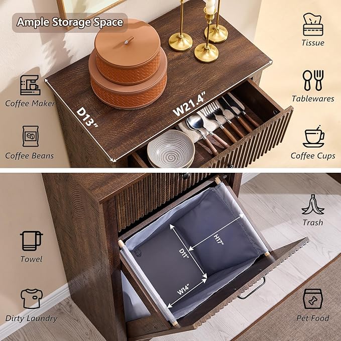 IFBUY Modern Tilt Out Laundry Hamper Cabinet, 10 Gallon Fluted Trash Can Cabinet with Drawer, Wooden Hidden Garbage Can Cabinets with Laundry Basket, Free Standing for Bathroom and Kitchen, Brown