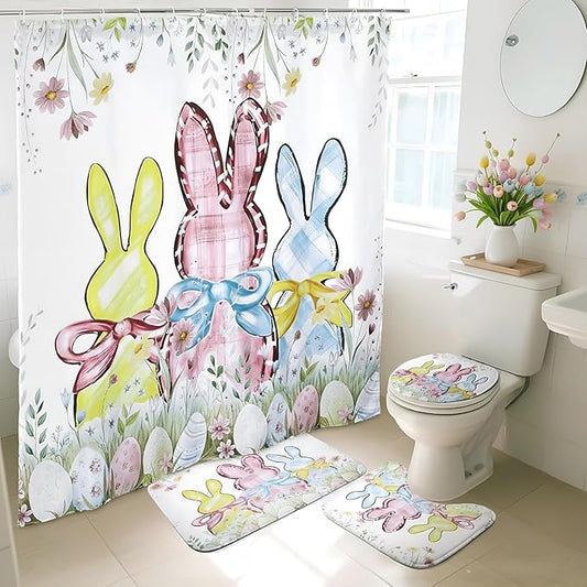 Hahafelt 4 Pcs Spring Easter Bunny Shower Curtain Sets 71 x 71 Inch Shower Curtain with 12 Hooks, Toilet Lid Cover, U Shape Bath Mat, Rectangular Bath Mat Easter Bathroom Decor Accessories