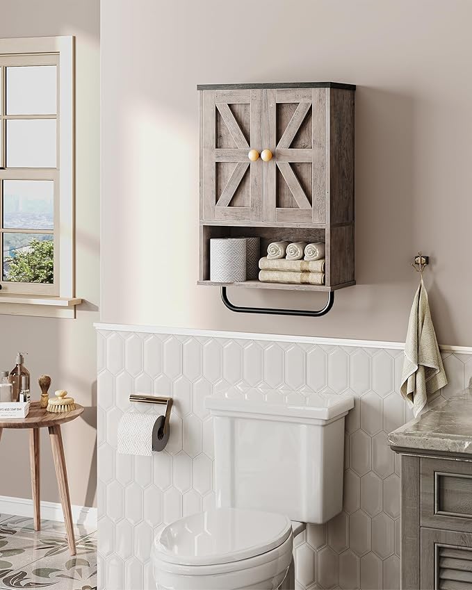 CHOEZON Bathroom Wall Cabinet, Medicine Cabinet with Open Partition and Towel Bar, Rustic Storage Cabinet with Open and Hidden Storage Space, for Bathroom, Living Room, Greige and Charcoal Black
