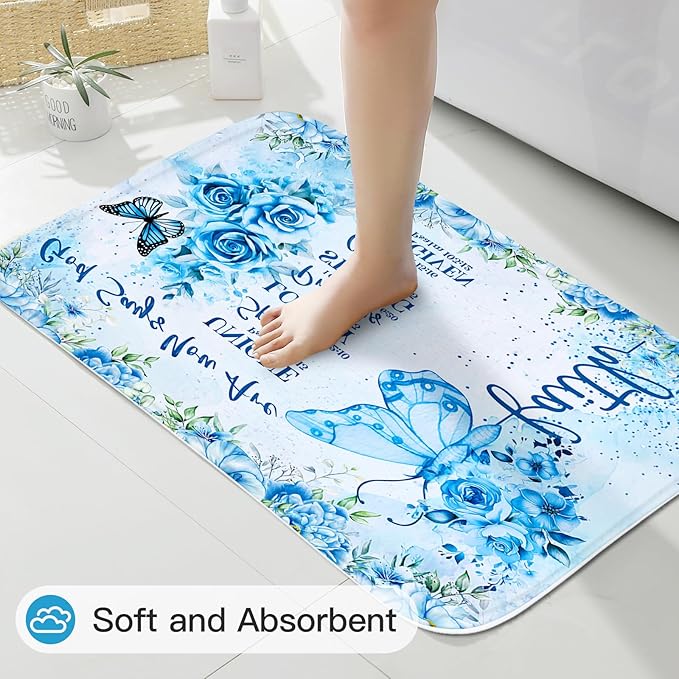 Litabel 4 Pcs Blue Butterfly Inspirational Quotes Shower Curtain Set with Rugs and Toilet Lid Cover, Colorful Boho Waterproof Fabric Bathroom Set, Bible Verse Floral Bathroom Decor Set Accessories