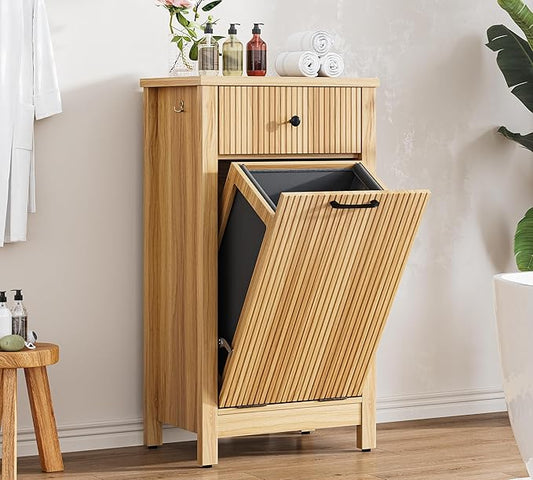 Airynee Tilt-Out Laundry Hamper Cabinet with Drawer, 10 Gallon Fluted Trash Can Cabinet with Laundry Basket, Hidden Wood Garbage Can Bin Cabinets for Bathroom & Kitchen, Natural Oak