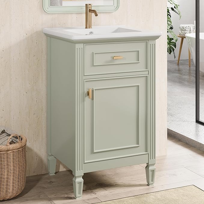 Virubi 20 in Small Bathroom Vanity with Sink,Soft Closing Door,Tilt-Out Drawer and Adjustable Shelf,Solid Wood Frame Modern Single Bathroom Sink Cabinet,Freestanding (Green)