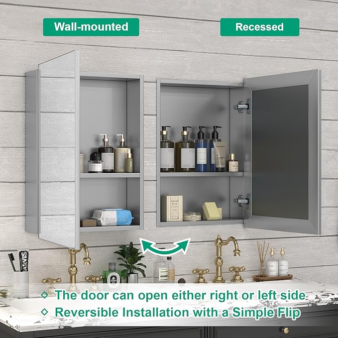 14 x 18 Farmhouse Medicine Cabinet for Bathroom, Small Silver Bathroom Mirror with Storage, Tempered Glass, Frameless Recessed or Wall Mount Aluminum Medicine Cabinet - Pre-Assembled