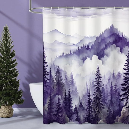 Purple Extra Long Misty Pine Forest Shower Curtain 72 x 84, XL Mountain Foggy Woodland Scenery Tree Shower Curtains for Bathroom, Abstract Waterproof Nature-Themed Decor