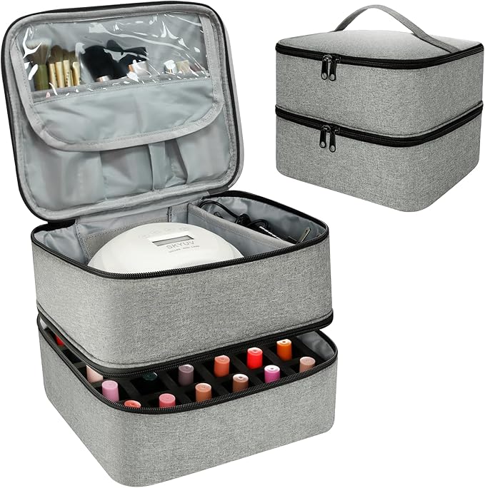 Nail Polish Organizer Bag, Double-Layer Nail Supplies Organizer Holds 30 Bottles & Nail Lamp, Professional Nail Kit Storage Carrying Case (Gray)